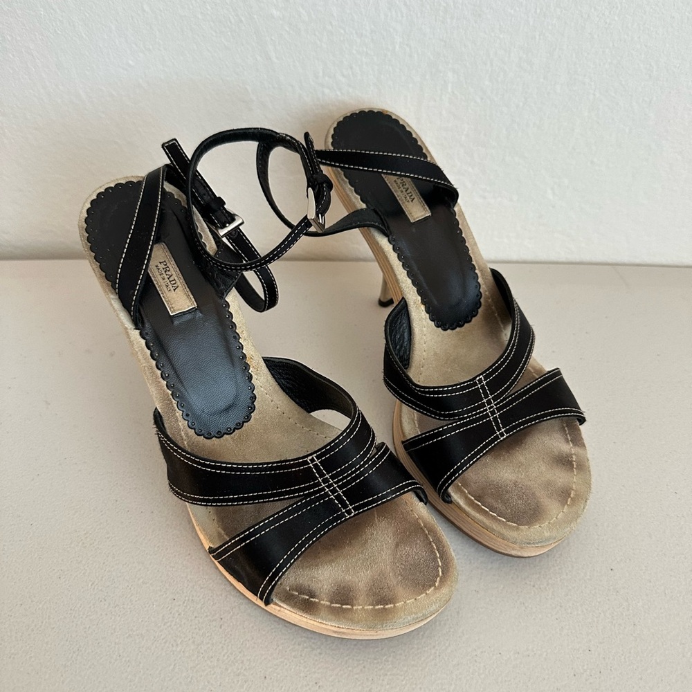 Prada Black Satin Open Toe Ankle Strap Heels